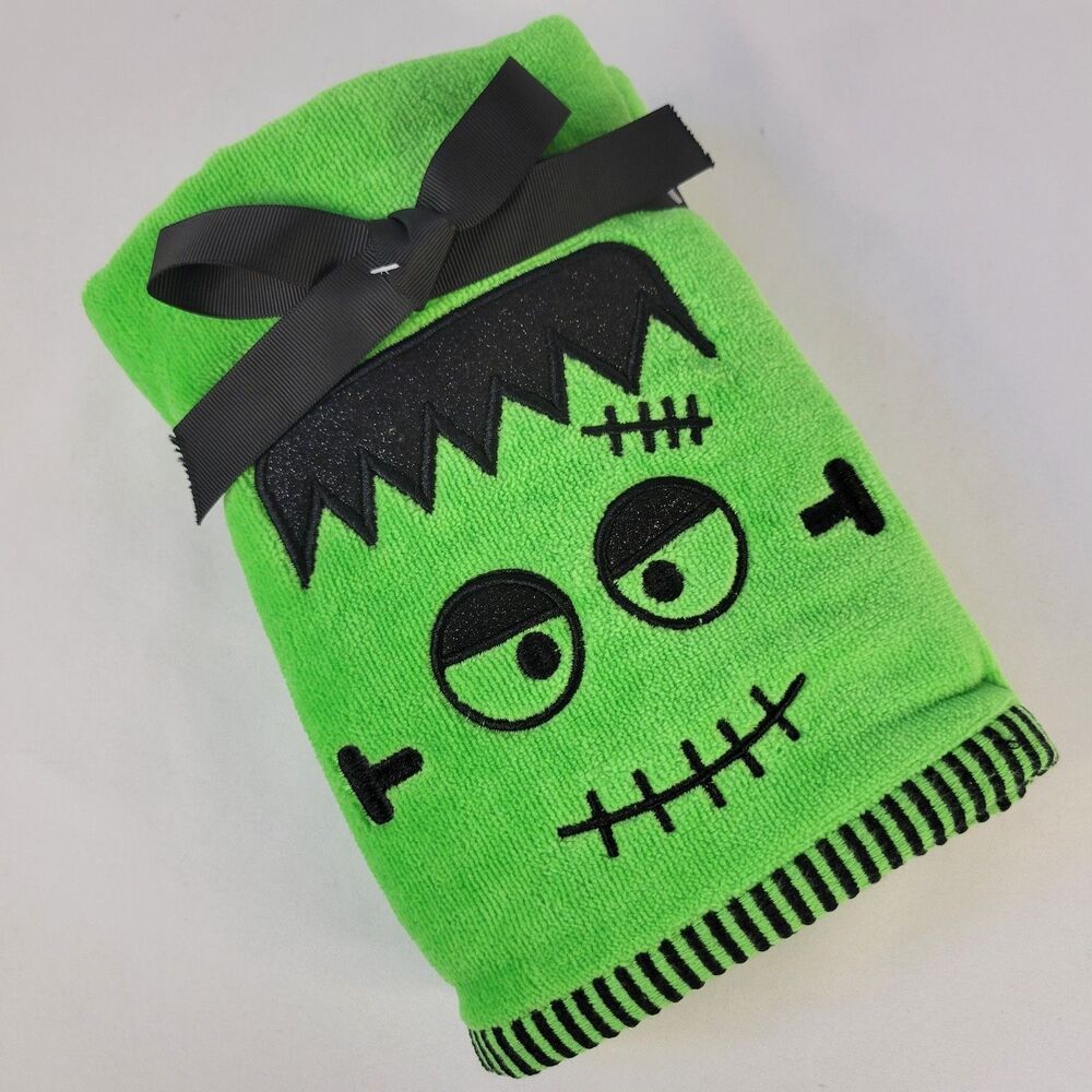 Set 2 Green Black Frankenstein Monster Embroidered Hand Towels Halloween Cotton